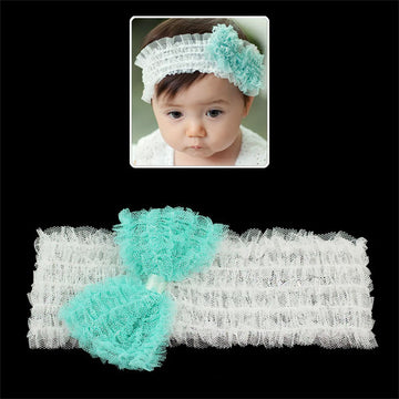 Girls White Wide Stretch Headband with Blue Bow